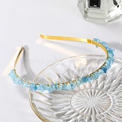 Wire Wrapped Natural Aquamarine Chip Hair Bands, with Metal Hoop, for Women Girls, 140x120x25mm(PW-WG27230-07)