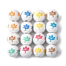 PandaHall Elite 70pcs 7 Colors Theaceae Wood Beads, Round with Maple Leaf, Mixed Color, 16x14.5mm, Hole: 4.5mm, 70pcs/set(WOOD-PH0001-63)