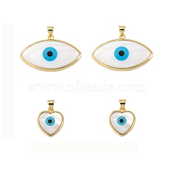 4Pcs 2 Style Natural River Shell Pendants, with Jump Rings and Golden Plated Brass Findings, Heart & Evil Eye, White, 16~20x14~32.5x4~5mm, Hole: 3mm, 2pcs/style(SHEL-LS0001-04)