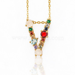 Golden Brass Micro Pave Cubic Zirconia Initial Pendants Necklaces, with Cable Chains, Colorful, Letter, Letter.V, 17.9~18.1 inch(45.5~46cm)x1.5mm, LetterV: 20.5x14x6mm(NJEW-S069-JN002-V)