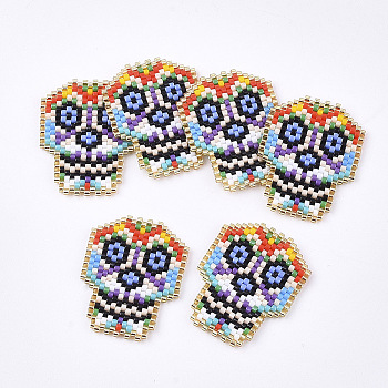 Handmade Japanese Seed Beads, with Nylon Wire, Loom Pattern, Sugar Skull, For Mexico Holiday Day of the Dead, Colorful, 32x25x1.7mm