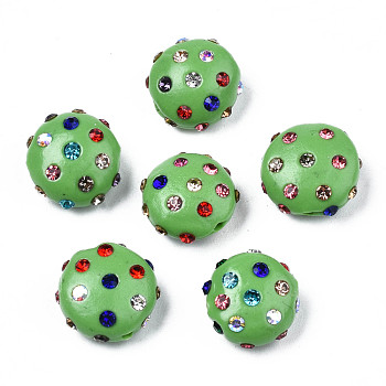 Polymer Clay Rhinestone Beads, Pave Disco Ball Beads, Flat Round, Dark Sea Green, 11~12x7mm, Hole: 1.4mm, Rhinestone: pp15(2.1~2.2mm)