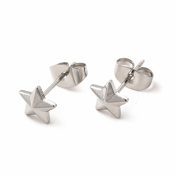 304 Stainless Steel Star Stud Earrings for Women, Stainless Steel Color, 6.5x7mm, Pin: 0.7mm