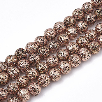 Electroplated Natural Lava Rock Beads Strands, Round, Bumpy, Sienna, 6~6.5mm, Hole: 1mm, about 63pcs/strand, 15.5 inch
