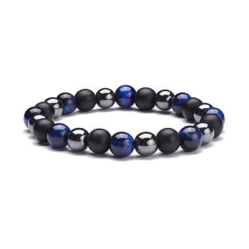 Round Stone Beads Stretch Bracelets, Natural Tiger Eye & Synthetic Black Stone & Hematite Beads Bracelet for Women, Prussian Blue, Inner Diameter: 2-1/8 inch(5.5cm)