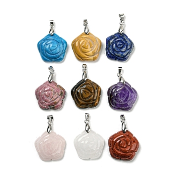 Natural Mixed Stone Carved Pendants, Flower Charms with Rack Plating Platinum Plated Brass Pinch Bails, Mixed Dyed and Undyed, 30x22.5x7.5mm, Hole: 4.5x4mm