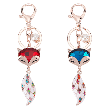 WADORN 2Pcs 2 Colors Cute Fox Rhinestones Pendant Keychain, with Alloy Findings and Round Pearl, for Bag Purse Car Ornament, Mixed Color, 14.5cm, 1pc/color