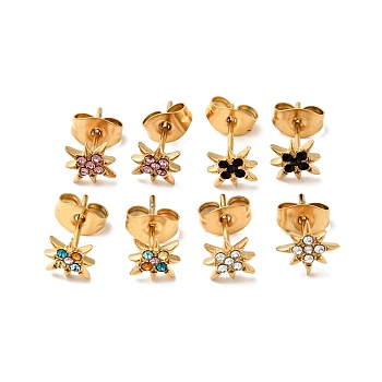 Rhinestone Flower Stud Earrings with 316 Surgical Stainless Steel Pins, Gold Plated 304 Stainless Steel Jewelry for Women, Mixed Color, 8x8mm, Pin: 0.8mm
