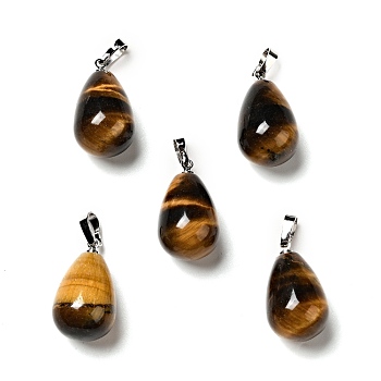 Natural Tiger Eye Pendants, with Platinum Tone Brass Findings, Teardrop Charm, 20~21x11~12mm, Hole: 6x3.5mm