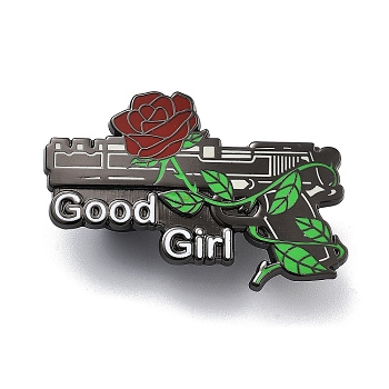 Good Girl Rose Flower Gun Shaped Alloy Enamel Pin Brooch for Backpack Clothes, Black, 27x40mm