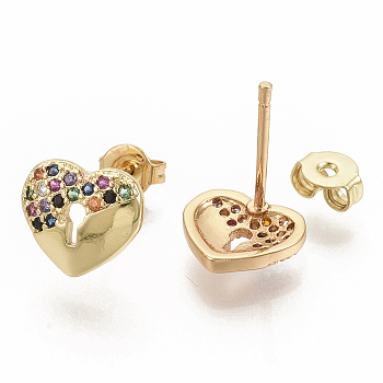 Brass Micro Pave Colorful Cubic Zirconia Stud Earrings, for Valentine's Day, with Earring Backs, Heart Lock, Real 16K Gold Plated, 9x10mm, Pin: 0.7mm