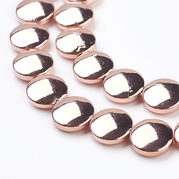 Electroplate Non-magnetic Synthetic Hematite Beads Strands, Grade AAA, Flat Round, Rose Gold Plated, 10~10.5x4mm, Hole: 1mm, about 40pcs/strand, 15.9 inch(40.5cm)
