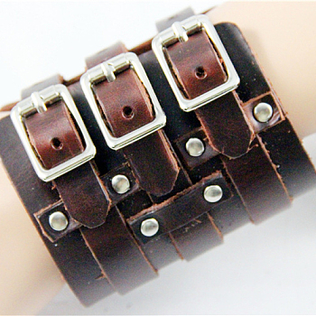 Punk Rock Style Cowhide Leather Bracelets, with Platinum Plated Alloy Clasps Findings, Coconut Brown, 270x90mm