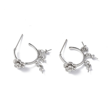 Brass Clear Cubic Zirconia Stud Earring Findings, with Three Cup Peg Bails and 925 Sterling Silver Pins, Half Ring with Flower, Platinum, 25x8mm, Pin: 0.8mm