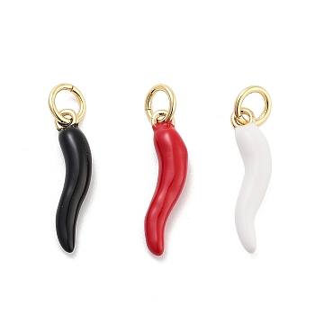 Rack Plating Brass Enamel Pendants, with Jump Ring, Cadmium Free & Lead Free, Long-Lasting Plated, Real 18K Gold Plated, Horn of Plenty/Italian Horn Cornicello Charms, Mixed Color, 17x4.5x3mm, Hole: 3mm