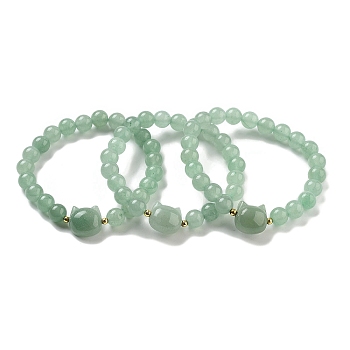 Round & Cat Head Natural Green Aventurine Beaded Stretch Bracelets for Women, with Synthetic Non-magnetic Hematite, Inner Diameter: 2-1/8 inch(5.5cm)