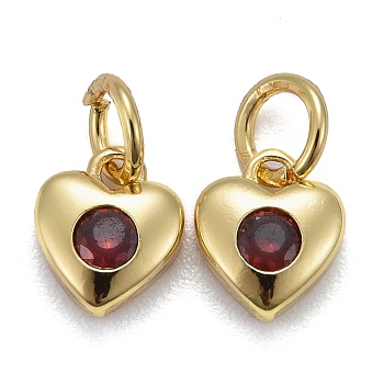 Brass Micro Pave Cubic Zirconia Charms, Long-Lasting Plated, Real 18K Gold Plated, Heart, Dark Red, 7.5x7x3mm, Hole: 3mm