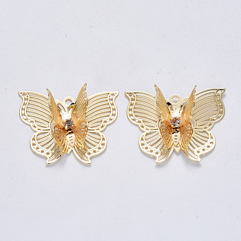 Brass Cubic Zirconia Filigree Pendants, Nickel Free, Butterfly, Real 18K Gold Plated, 24.5x30.5x11mm, Hole: 1.8mm
