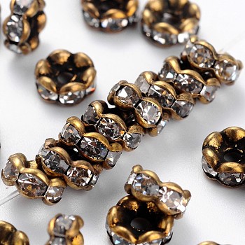 Brass Rhinestone Spacer Beads, Grade AAA, Wavy Edge, Nickel Free, Antique Bronze Metal Color, Rondelle, Crystal, 6x3mm, Hole: 1mm