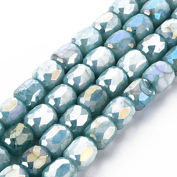 Opaque Baking Painted Glass Beads Strands, Imitation Stones, Faceted, AB Color Plated, Column, Dark Turquoise, 8x8mm, Hole: 1.2mm, about 60pcs/strand, 19.69 inch(50cm)
