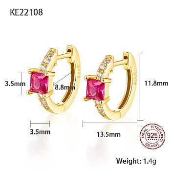 Real 18K Gold Plated 925 Sterling Silver Hoop Earrings, Square Cubic Zirconia Earrings, with S925 Stamp, Fuchsia, 11.8x13.5mm