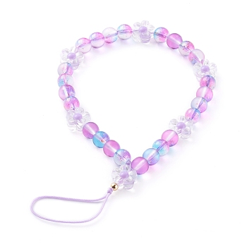 Frosted Round Spray Painted Glass Beaded Mobile Straps, with Acrylic Flower Beads and Nylon Thread, Medium Purple, 19cm