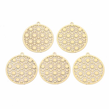 Rack Plating 201 Stainless Steel Filigree Pendants, Etched Metal Embellishments, Nickel Free, Flat Round, Real 18K Gold Plated, 22x20x0.4mm, Hole: 1mm