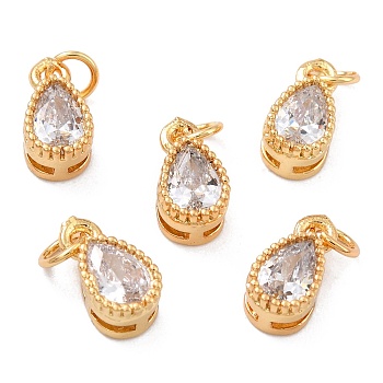Real 18K Gold Plated Brass Inlaid Cubic Zirconia Charms, with Jump Ring, Long-Lasting Plated, Teardrop, Clear, 9x5x4mm, Jump Ring: 4x0.5mm, 2.5mm Inner Diameter