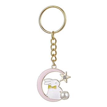 Moon with Rabbit Alloy Enamel Pendant Keychain, with Iron Split Key Rings, Rabbit, 8.6cm