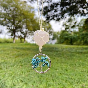 Heart Natural Rose Quartz Pendant Decoration, with Synthetic Turquoise Chips and Alloy Findings, Tree of Life, 130x30mm