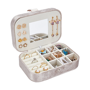 Rectangle Velvet Jewelry Set Box, Jewelry Organizer Case with Mirror, for Earring, Ring, Bracelet Storage, Beige, 11.5x16x5.6cm