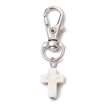 Synthetic Turquoise Cross Pendant Decorations, with Alloy Swivel Lobster Claw Clasps, White, 50mm