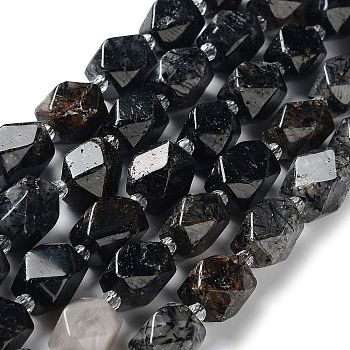Natural Black Rutilated Quartz Beads Strands, with Seed Beads, Faceted, Rhombus, 12~15x9~12x9~12mm, Hole: 1~1.2mm, about 20~21pcs/strand, 15.20~15.51 inch(38.6~39.4cm)