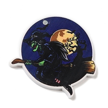 Halloween Themed Opaque Printed Acrylic Pendants, Witch, 39x38x2mm, Hole: 2mm