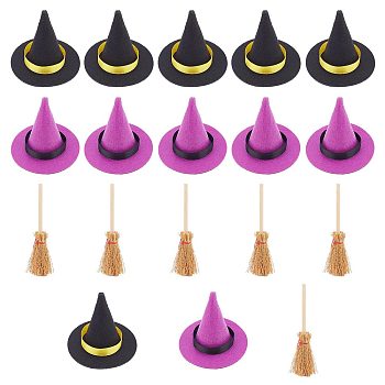 12Pcs 2 Colors Polyester Witch Hats, Handmade Gnome for Halloween Party Favors DIY Hair Accessories Crafts, with 6Pcs Wood Mini Broom Witches Broomstick Straw Broom, Mixed Color, 98~69x26~68mm, 6pcs/style