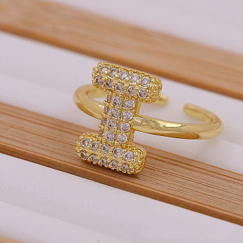 Brass Micro Pave Clear Cubic Zirconia Initial Cuff Rings, Golden, Letter I, Inner Diameter: Adjustable