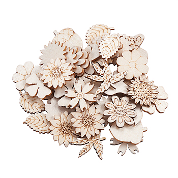 100Pcs Unfinished Wood Piece Decorations, DIY Craft Supplies, Hollow out Leaf & Flowers & Mushrooms & Acorns, Antique White, 2.4~2.8x1.5~2.8x0.2~0.3cm