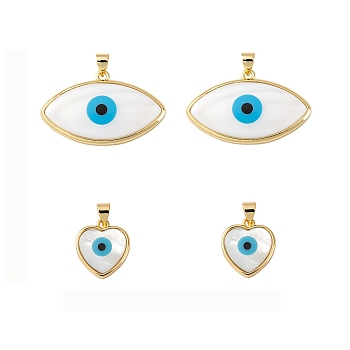 4Pcs 2 Style Natural River Shell Pendants, with Jump Rings and Golden Plated Brass Findings, Heart & Evil Eye, White, 16~20x14~32.5x4~5mm, Hole: 3mm, 2pcs/style