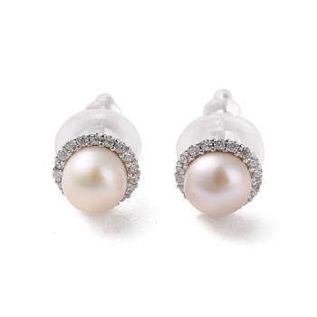 925 Sterling Silver Studs Earring, with Cubic Zirconia and Natural Pearl, Round, Platinum, 8.5mm