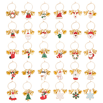 Christmas Theme Alloy Enamel Wine Glass Charms, with Brass Ring, Mixed Shapes, Mixed Color, 46~53mm, 30pcs/set