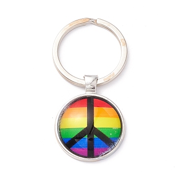 Pride Style Glass Keychain, with Platinum Plated Alloy Findings, Flat Round, Stripe Pattern, 6.2cm