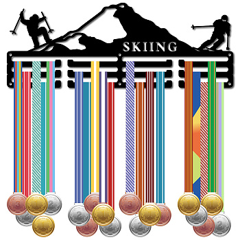 Fashion Iron Medal Hanger Holder Display Wall Rack, 3-Line, with Screws, Black, Skiing, Sports, 150x400mm, Hole: 5mm