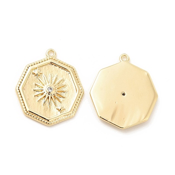 Brass with Micro Pave Clear Cubic Zirconia Pendants, Ocatgon with Sun Charm, Real 18K Gold Plated, 21x18x2mm, Hole: 1.2mm