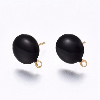 Ion Plating(IP) 304 Stainless Steel Stud Earring Findings, with Loop, Enamel, Flat Round, Golden, Black, 11x8x2mm, Hole: 1.5mm, Pin: 0.8mm