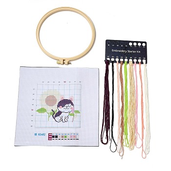 Cat Shape DIY Cross Stitch Beginner Kits, Stamped Cross Stitch Kit, Including Printed Fabric, Embroidery Thread & Needles, Embroidery Hoop, Instructions, 0.3~0.4mm, 9 colors