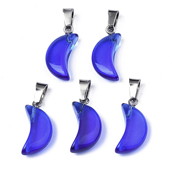 Transparent Spray Painted Glass Pendants, with Platinum Plated Brass Bails, Moon, Blue, 21.5x10.5x6mm, Hole: 4mm