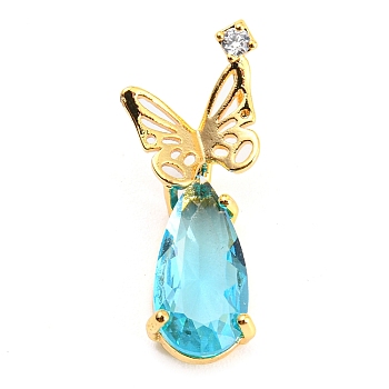 Brass Pave Cubic Zirconia Pendants, Real 14K Gold Plated, Butterfly, Cyan, 21x8.5x5.5mm, Hole: 3.5x1.5mm