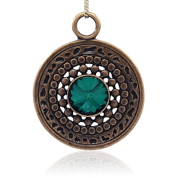 Red Copper Plated Alloy Emerald  Rhinestone Large Pendants, Flat Round, Nickel Free, 73x58x4mm, Hole: 10mm