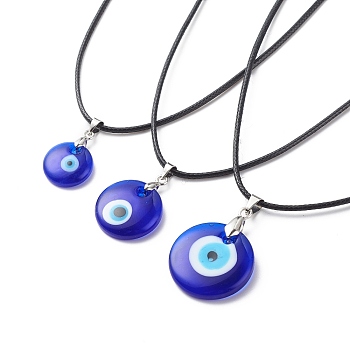 3Pcs 3 Size Lampwork Evil Eye Pendant Necklaces Set with Waxed Cords for Women, Blue, 17-7/8 inch(45.5cm), 1Pc/size