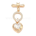 Brass Micro Pave Clear Cubic Zirconia Toggle Clasps, for Bracelet Clasp Making, Heart, Real 14K Gold Plated, 34mm, Toggle: 24.5mm long, Heart: 11.5x10.5x5.5mm, Hole: 1.2mm; Bar: 13.5x5.5x3.5mm, Hole: 1.2mm(KK-F934-05G)